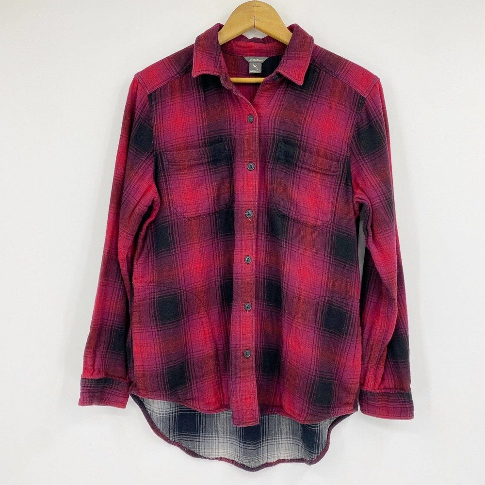 Eddie Bauer Flannel Button Up Shirt Jacket Pockets Red Black Plaid Sz S